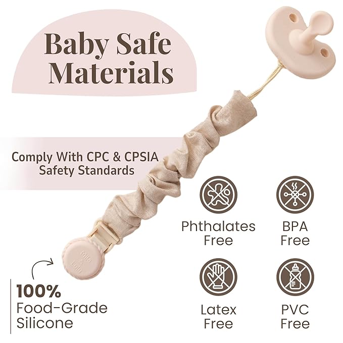 Muslin Cotton - Metal-Free Pacifier Clips, Lightweight and Secure Pacifier Holder for Babies (Beige Toile) - Mila & Lulu