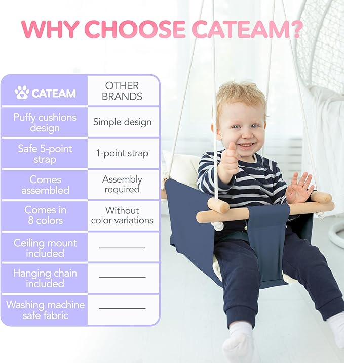CaTeam - Canvas Baby Swing, Wooden Hanging Swing Seat Chair with Safety Belt, Durable Baby Swing Chair, Outdoor and Indoor Swing for Kids, Mounting Hardware Included, Blue
