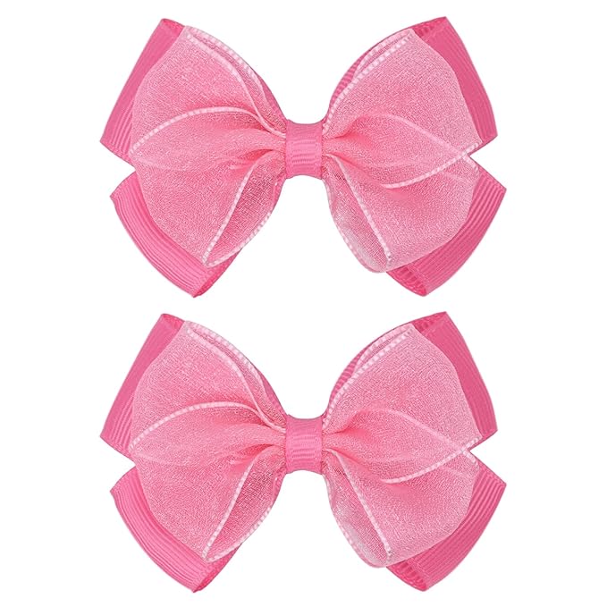 Tiny 3 Inch Organza Double Hair Bow Clips - Lined Boutique Alligator Hairpin for Baby Girls, Toddlers, and Little Teens - Kids Barrettes Set of 2 Small Stylish (Light Hot Pink)