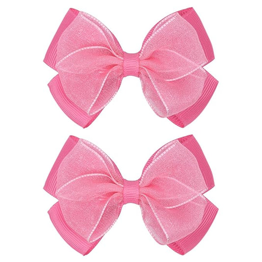 Tiny 3 Inch Organza Double Hair Bow Clips - Lined Boutique Alligator Hairpin for Baby Girls, Toddlers, and Little Teens - Kids Barrettes Set of 2 Small Stylish (Light Hot Pink)
