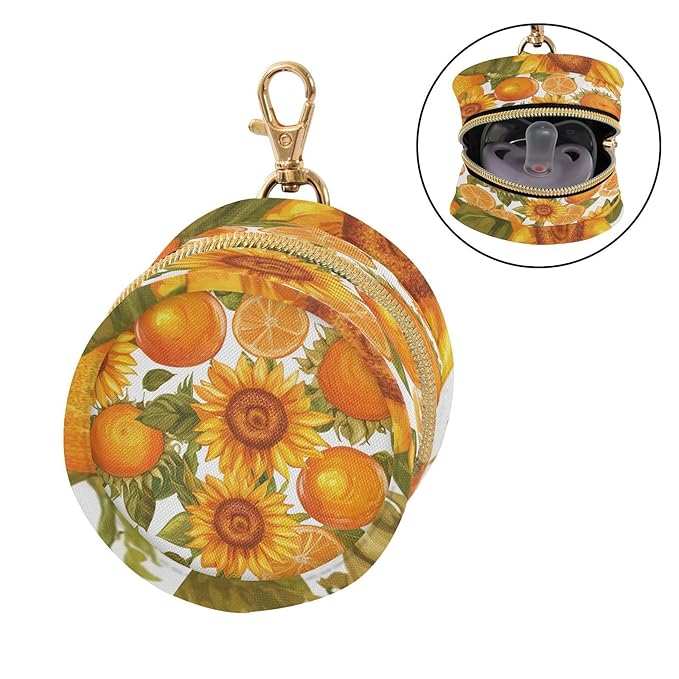 Pacifier Holder with Clip Pacifier Case for Diaper Bag Round Baby Pacifier Pouch Box Bag Portable Sunflowers and Fruity Oranges