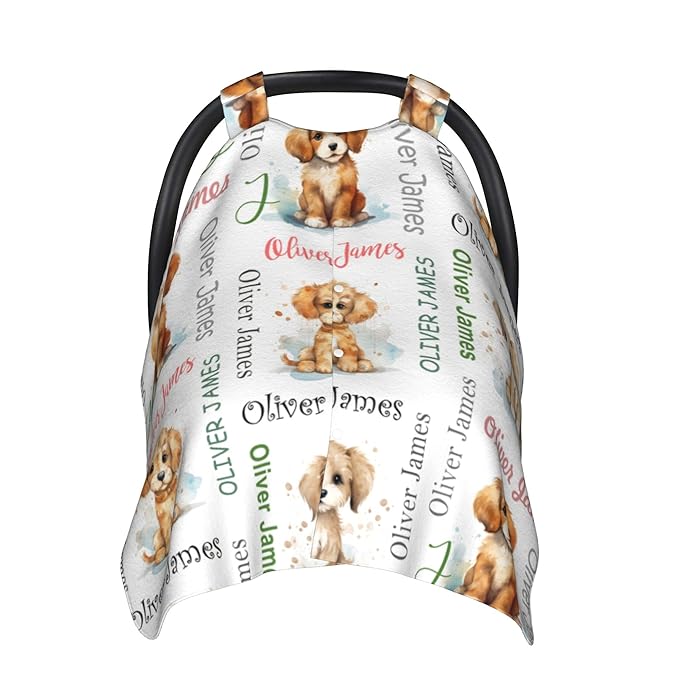 Custom Baby Car Seat Canopy Personalized Car Seat Covers with Name for Baby Boys Girls Customized Dog Nursing Breastfeeding Cover Infant Carseat Canopies Newborn Minky Baby Blanket