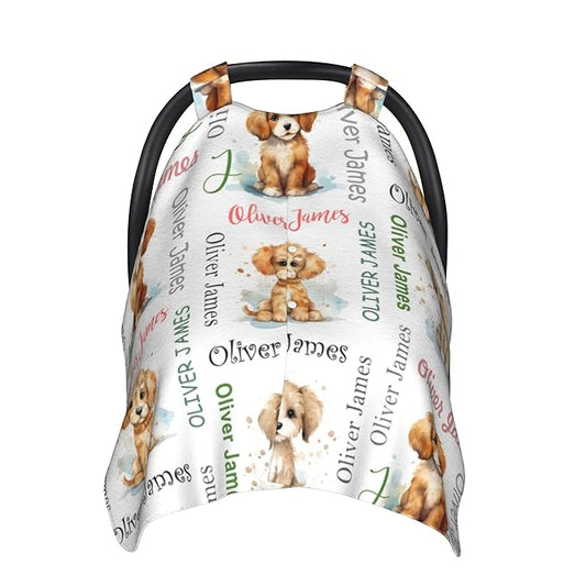 Custom Baby Car Seat Canopy Personalized Car Seat Covers with Name for Baby Boys Girls Customized Dog Nursing Breastfeeding Cover Infant Carseat Canopies Newborn Minky Baby Blanket