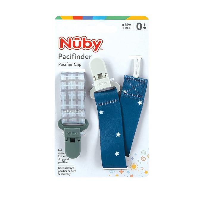 Nuby Pacifinder Baby Pacifier Clip - (2-Pack) - Pacifier Holder Clip with Convenient Hook Loop - Gray Plaid and Blue Stars