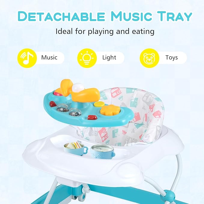 BABY JOY Baby Walker, 4 in 1 Foldable Activity Walker with Adjustable Height, Music, Lights, Anti-Rollover Toddler Push Walker, Baby Walker with Wheels for Boys Girls 7-14 Months (Light Blue)