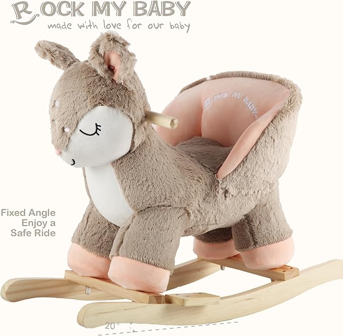 Rock My Baby Rocking Horse Deer with Chair, Plush Stuffed Animal Rocker for Toddlers 1-3, Baby Rocker with Sweet Music, Animal Ride on,Pink Deer,CPC Certified