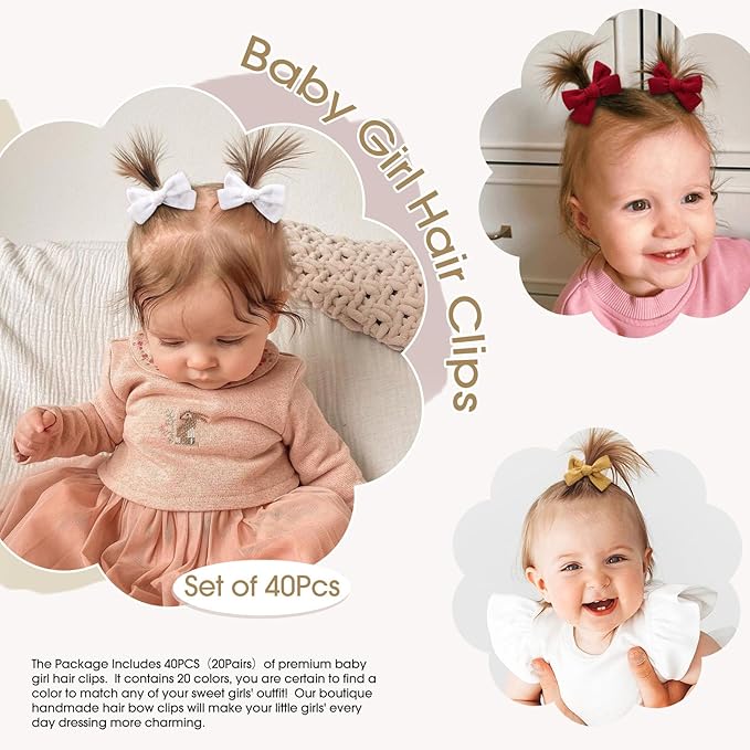 Oaoleer Baby Hair Clips, 40PCS Fully Lined Hair Bows for Girls Toddler Babies Kids Baby, Non Slip Tiny Hair Accessories for Infants Toddlers Kids Children Little Girls (Hair Bows-B)