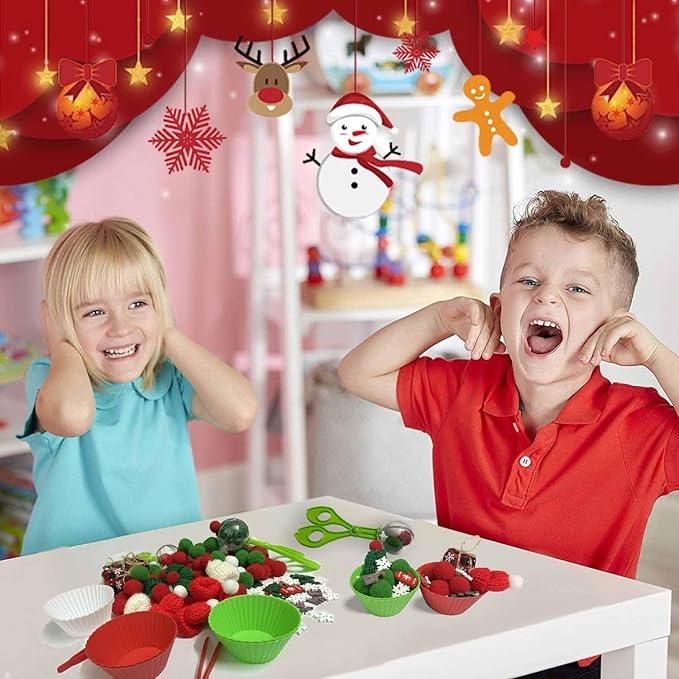 176 Pcs Christmas Sensory Bin Filler Fine Motor Toys Counting Sorting Winter Sensory Bin Items 100 Pom Poms 50 Wodden Ornaments 10 Xmas Knit Hats 5 Xmas Gift Boxes for Early Childhood Education