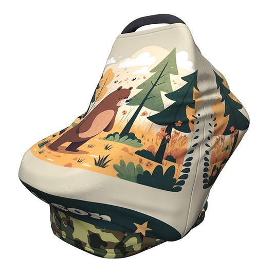 Personalized Bear Baby Car Seat Cover with Name,Multi-Use Canopy for Nursing, Strollers,Shopping Carts,Customized Breastfeeding Cover, Full Privacy,Infant Stroller Cover