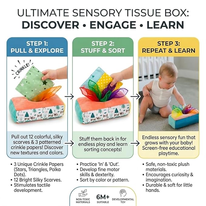 Baby Tissue Box Toy - Montessori Play for Infants and Toddlers - Sensory Textured Box with 12pcs Matching Colorful Scarves and 3pcs Crinkle Paper