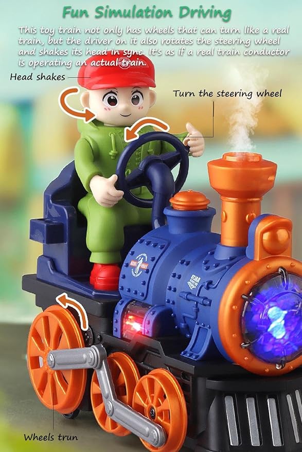 Miracland Electric Spray Steam Retro Train Toy for Toddlers 360° Bump-n-Go, Flashing Lights, Realistic Sounds & Water Vapor, Self-Driving Musical Locomotive, Christmas Birthday Gift for Kids (Blue)
