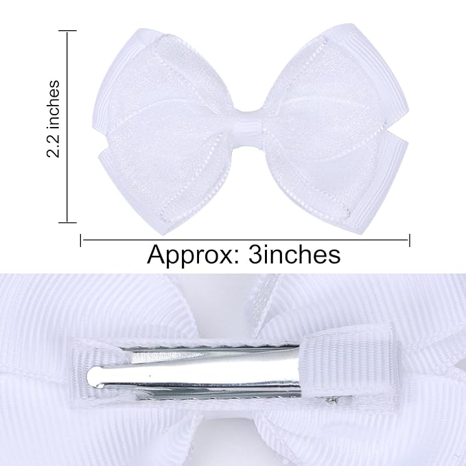 Tiny 3 Inch Organza Double Hair Bow Clips - Lined Boutique Alligator Hairpin for Baby Girls, Toddlers, and Little Teens - Kids Barrettes Set of 2 Small Stylish (White)