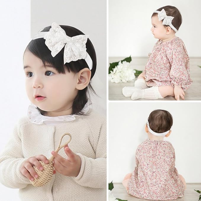 2 Pack 18-20in Elegant White Flower Christening Headbands for Baby Girl, Elastic Soft Lace with Cute Tulle Pearl Hair Strap (White flowers)