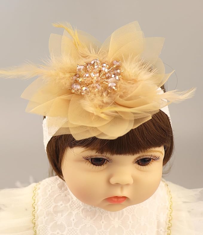 Bethynas Baby Girls Lace Feather Headband Beads Gauze Flower Elastic Toddler Hairband Birthday Party Princess Hair Accessories for Newborn Infant (Gold)