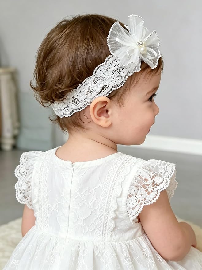 Baby Girls Headband White Bow Lace Headbands Soft Elastic Bowknot Hairbands Cute Hair Accessory for Newborn Kids Infant Toddler Baptism Birthday Party (Wide Lace Flowers)