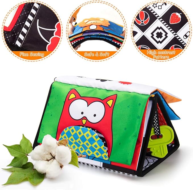 Tummy Time Sensory Toy Infant Toys Newborn High Contrast Development Toy with Crinkle Cloth Book & Teethers Strengthens Neck & Core, 2 3 4 5 0-6 Month Montessori Crawling & Visual Stimulation Toys