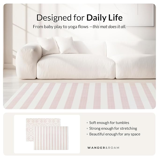 Wander & Roam Premium Reversible Play Mat - Soft Foam Child & Parent - Modern Neutral Stripe + Ikat Design - Water Resistant, Easy to Clean, Non-Toxic - Rose Pink, 3+ Years