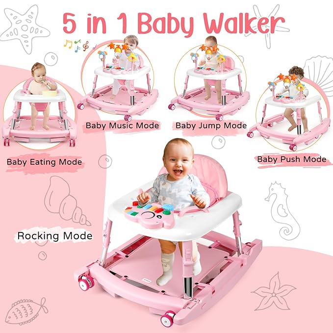 5 in 1 Baby Walker Foldable Music and Lights with 5 Adjustable Heights, Baby Walker with Wheels Portable, Infant Toddler Walker for Baby Boy Girls 6-18 Months (Pink)