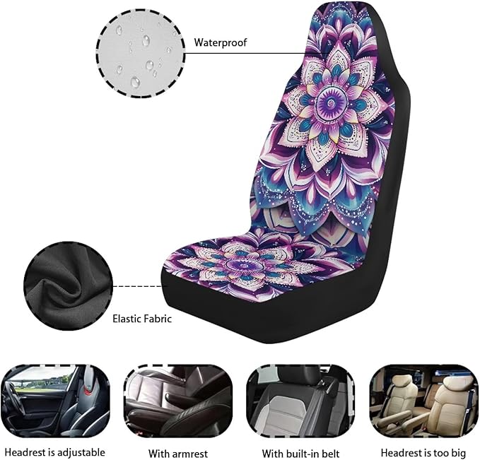 Purple Mandala Waterproof Car Seat Cover Anti-Slip Back Fabric Automobile Front Seat Covers Easy to Install All-Season Protection Universal Vehicle Accessories