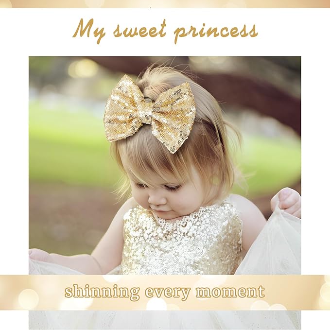 5 inch Glitter Sequin Gold Hair Bows and Clips for Baby Toddler Girls - Big Hair Accessories