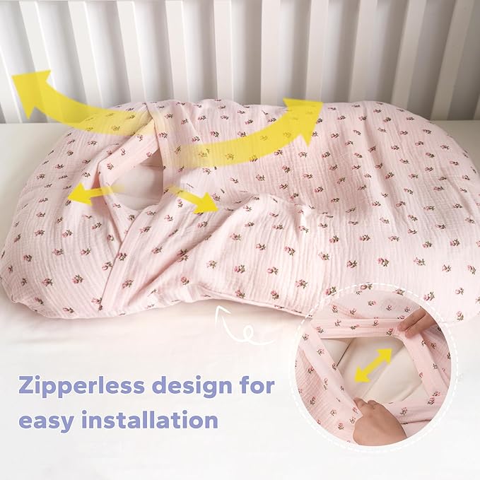 FUNUPUP Muslin Baby Lounger Cover Compatible with Snuggle Me Lounger, Infant Lounger Pillow Cover for Newborn, Removable Newborn Lounger Cover for Boys and Girls, Only Cover, Pink&Pink Flower