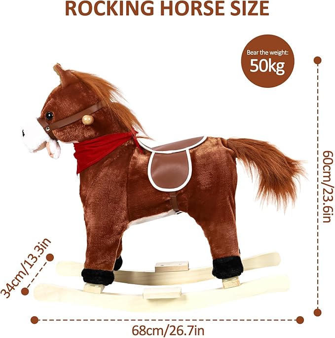 Rocking Horse for Toddlers Ages 1-6, Plush Ride On Toy with Sounds Moving Mouth & Wagging Tail, Interactive Wooden Rocker for Kids, Baby Rocking Chair Toys up to 120kg (Dark Brown Small)