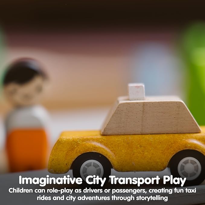 PlanToys® Yellow Taxicab Wooden Montessori Vehicle Toy | Early Movement, Imagination and Practical Life Exploration | Eco Friendly Taxi for Indoor and Outdoor Play