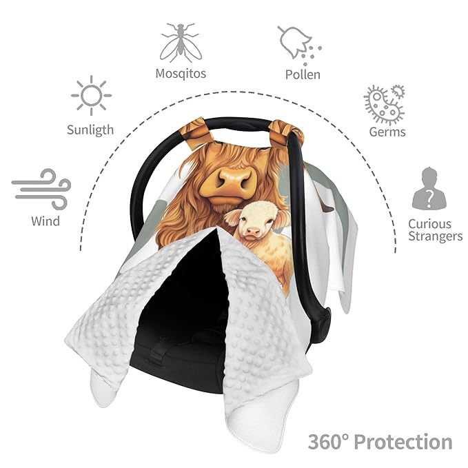 Personalized Highland Cow Carseat Cover for Baby Custom Name Car Seat Canopy for Newborn Baby Boys Girls 2 in 1 Mom Nursing Breastfeeding Covers Minky Baby Carrier Stroller Covers