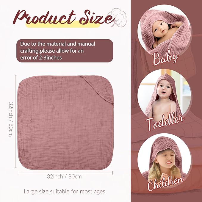 VitalCozy 6 Pcs Baby Muslin Hooded Bath Towels and Washcloths, Muslin Hooded Baby Towels Absorbent Blankets for Gift Newborn Infant Shower (Mauve,Burgundy)