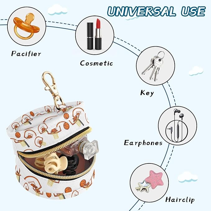 Basketball Print Pacifier Holder Case for Diaper Bag Portable Travel Pacifier Storage Case with Clip Newborn Baby Pouch for Baby Boys Girls Purse Outdoor