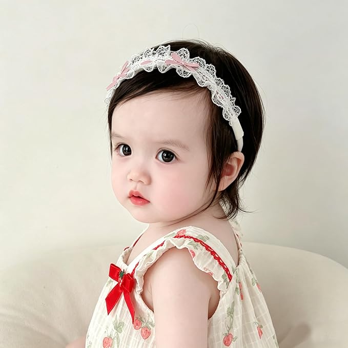 Baby Girls Hairbands Bow Lace Headband Handmade Soft Stretchy Pink Bowknot Hairbands Newborn Hairband with Bows Elastic Hair Bands for Kids Infant(Lace Pink Bow
