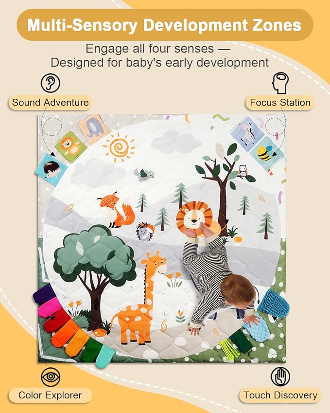 TINYHARBO Premium Foam Baby Play Mat 50x50, 4 Developmental Zones Play Mat with Removable & Machine Washable Cover, Extra Thick Padding Playpen Mat, Easy to Clean for Infants, Toddlers & Babies