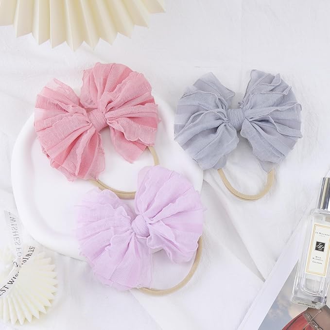 Baby Girls Stretchy Soft Knot Headbands with Hair Bows Newborn Toddler Hairbands Infant Toddlers Kids Hair Accessories Purple Gray Pink 3 PCS