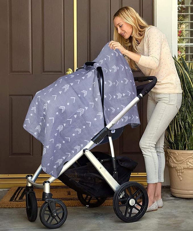 Metplus Car Seat Cover Baby boy, 100% Muslin Cotton Infant Carseat Covers, Lightweight Breathable Car Seat Canopy, Summer Stroller Sun Shade, Newborn Travel Essentials(Arrow)