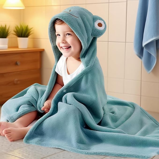 Toddler Baby Bath Towel with Hood 27.5"X55" Ultra Absorbent Soft Cozy Comfort Bathrobe Blanket, 0-6 Years Infant Shower Towel for Girls & Boys(Greenish-Blue)