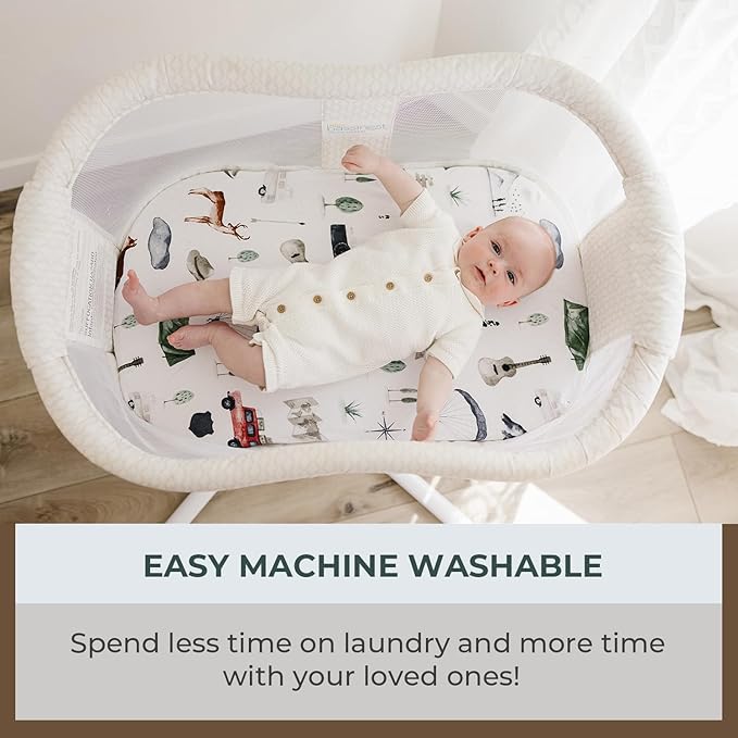Pobibaby - 2 Pack Premium Bassinet Sheets for Standard Bassinets - Ultra-Soft Cotton Blend, Stylish Woodland Pattern, Safe and Snug for Baby (Explore)