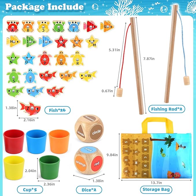Wooden Toddler Toys Fishing Game: Montessori Sensory Toys for 1 2 3 Year Old Boys Girls - Birthday Baby Gifts for 1 2 3 Year Olds - Color Sorting Shape Learning for Kids