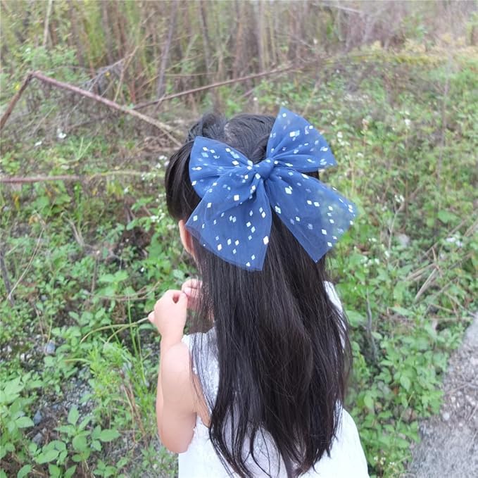 Large Tulle Hair Clips for Baby Girls and Women - Lace Bow Cottagecore Lightweight Gauze Barrettes Accessories (Fresco and Navy Foil)