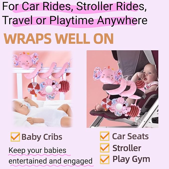 Baby Toys 0-6-12 Months Spiral Car Seat Toy, Infant Stroller Hanging Rattle Stuffed Animal Newborn Girl Boy Gift Easter Basket Stuffers Mirror Pink Elephant 3PCS