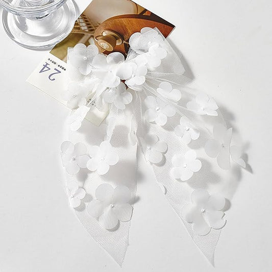 White Flower Bow Hair Clip Mesh Tulle Floral Hair Bow Clips Summer Alligator Clip with Long Tail Hair Accessory for Women Girls Bridal Wedding Bridesmaid Party Headpiece Elegant Hairpin Daily Styling