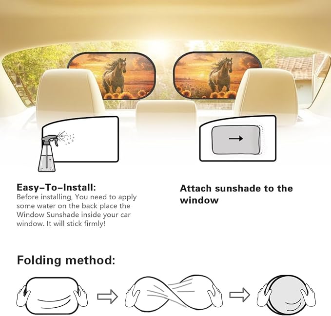 Bulopur Sunflower Horse 2 Pack Window Shades for Car UV Protection Breathable Car Seat Sun Protection Easy to Install Mesh Back Window Sun Shades for Car