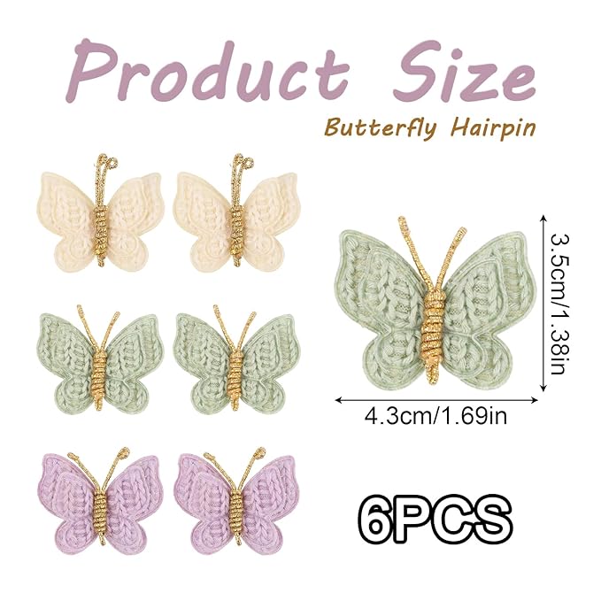 6pcs Yarn Butterfly Hair Bows Clips, Soft & Cute Knitted Wool Bow Barrettes for Baby Girls Anti-Slip Accessories for Thick & Thin Hair (3 Colors)