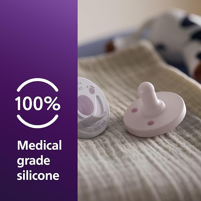 Philips Avent Soothie Baby Pacifiers - 100% Silicone Pacifiers for Babies 3-18 Months, One-piece Design, BPA-Free, Extra Durable, Lilac and Pink, 4 Pack, Model SCF192/70