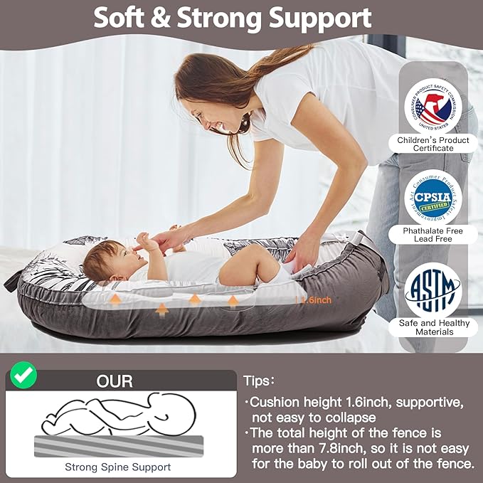 Baby Lounger-Breathable and Soft Organic 100% Cotton, Portable Infant Lounger with Removable Lounger Cover, Baby nest Lounger for Newborn - Grey Leaves