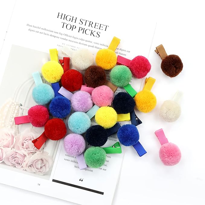 Cinaci Hair Clips, 24 Pack 1.2 Inch Candy Colorful Pom Pom Alligator Hair Clips with Small Cute Puffy Fuzzy Pompoms, Hair Accessories for Baby Girl Infant Toddler Kids
