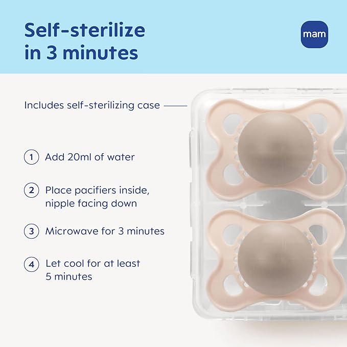 MAM Original Baby Pacifiers 0-6 Months, Binky for Newborn Babies, BPA-Free Skin Soft Silicone Nipple, Glows in The Dark, Developed with Medical Experts, 2 Count, Sterilizer Case, Made in Europe