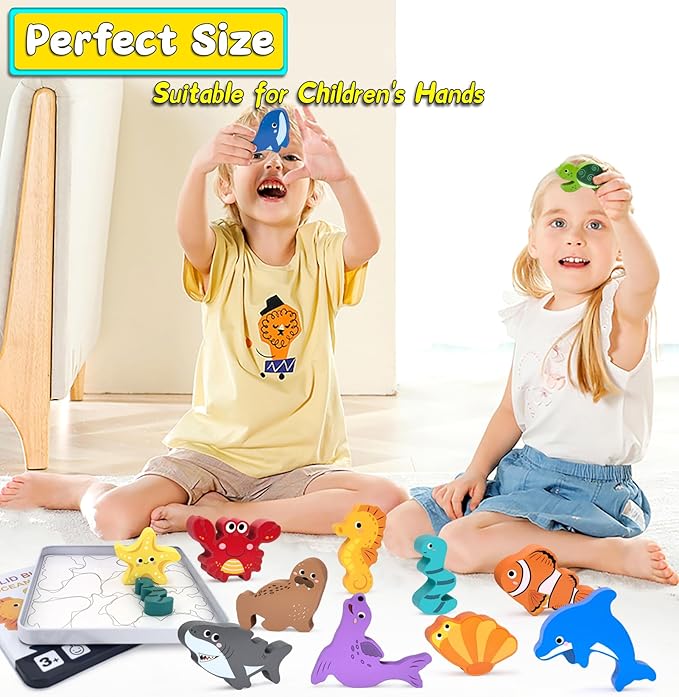 KECIABO Wooden Animal Puzzles Toys for Toddlers,12 Pcs Sea Animals Figures,Animal Matching Sorting Stacking Toy for Boys Child Girls,Educational Learning Toys Gift for Kids