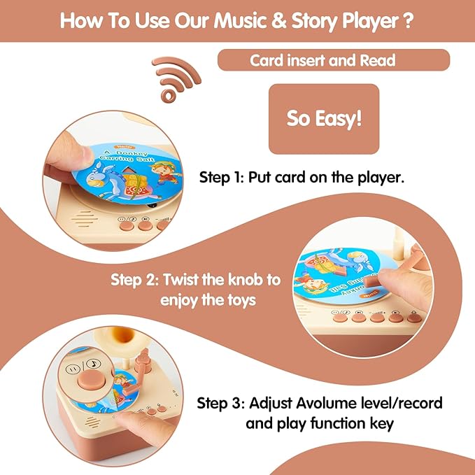 Toddler Gramophone Musical Toys - Player Audio Books for Kids, 99 Cards Stories Songs Phonograph Record, for Boys and Girls (Cozy Brown)