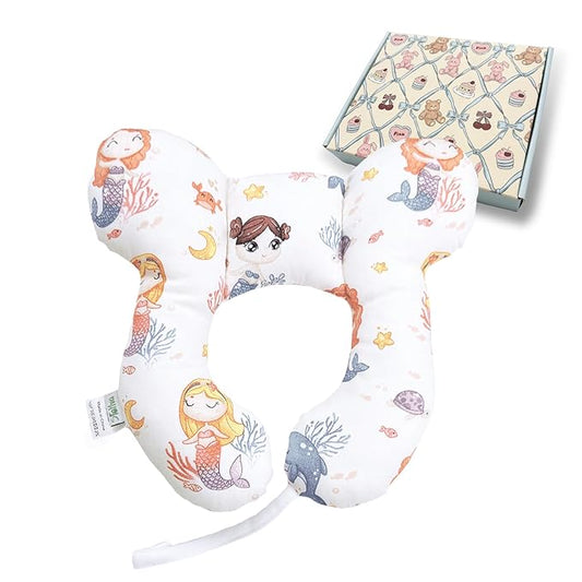 Baby Travel Pillow for Car Seat and Stroller, Soft Reversible Comfort Pillow, U-Shape Seat Accessory for Toddler, Mermaid Design
