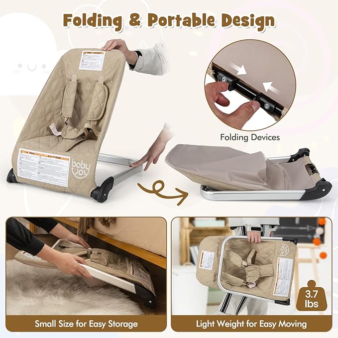 BABY JOY Baby Bouncer, Foldable Bouncer & Stationary Seat with 5-Point Safety Harness, Removable Fabric Cover, Portable Infant Bouncer Seat for Newborns Baby 0-6 Months (Beige)